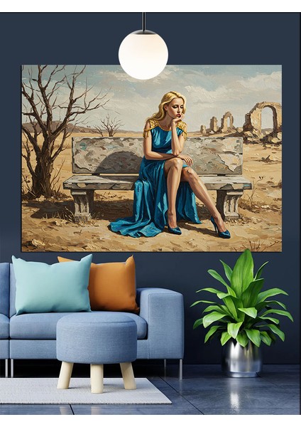 Bozkırda Üzgün Oturan Kadın Dekoratif Kanvas - Mdf Ahşap Tablo modelleri
