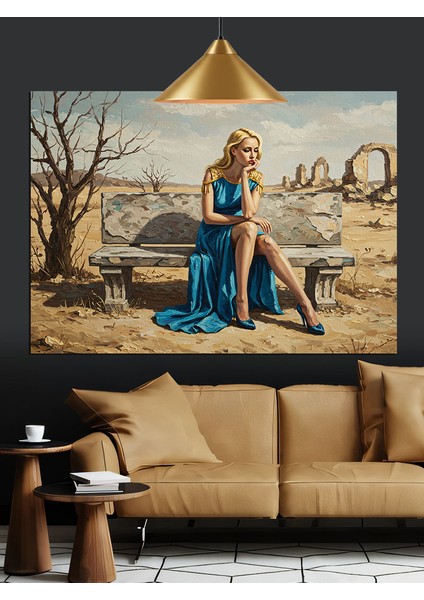 Bozkırda Üzgün Oturan Kadın Dekoratif Kanvas - Mdf Ahşap Tablo fırsatları