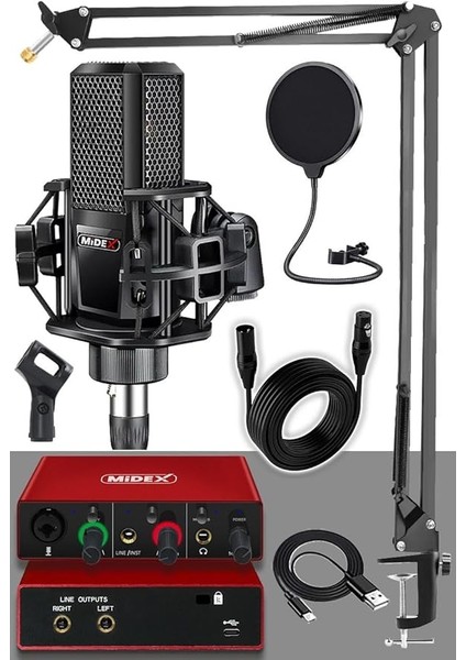 MX2020-GLX-500 Pro Midex Ses Kartı ve Condenser Mikrofon Stand Filtre Set