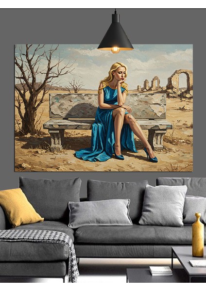 Bozkırda Üzgün Oturan Kadın Dekoratif Kanvas - Mdf Ahşap Tablo indirimleri