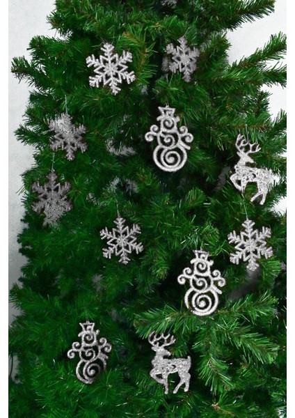 12LI Simli Gümüş Yılbaşı Çam Ağacı Süs
