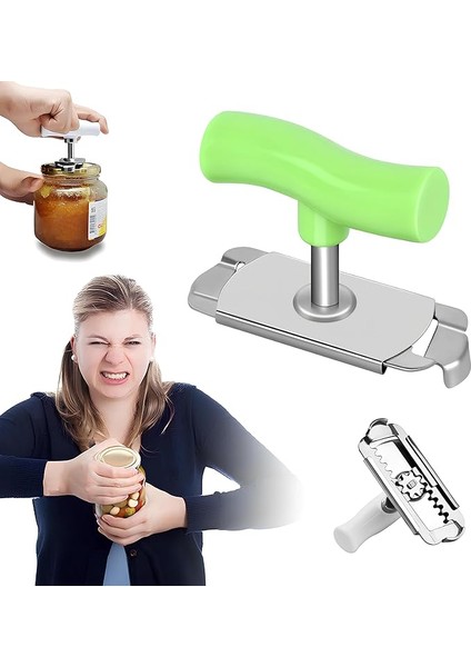 Pratik Kavanoz ve Şişe Kapak Açacağı - Yeşil – Paslanmaz Çelik, Ayarlanabilir, Ergonomik Tutma Saplı