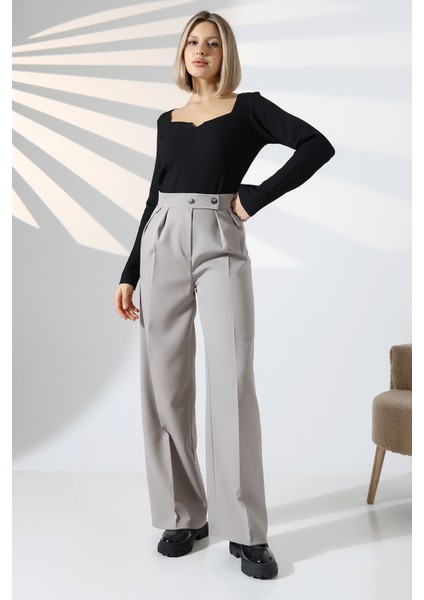 Kadın Palazzo Pantolon Düğmeli Pileli Geniş Paça