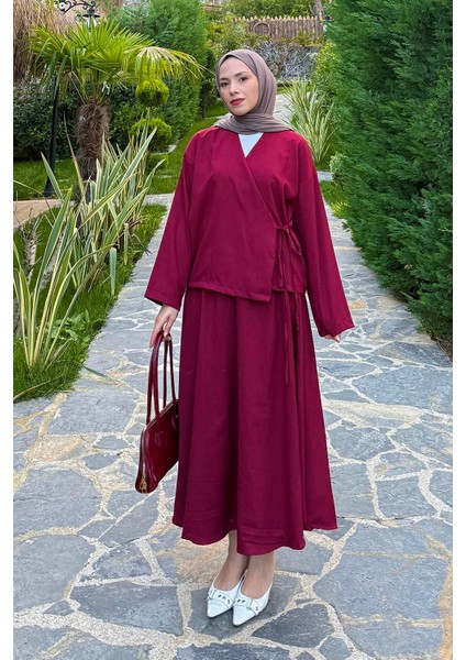 Bağlama Detaylı Etekli Takım Bordo