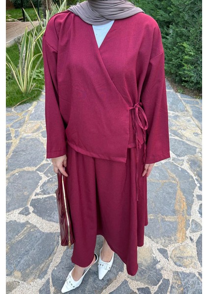 Bağlama Detaylı Etekli Takım Bordo modelleri