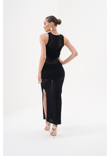 Siyah Bİsiklet Yaka Yarım Kol Maxi Boy Transparan Elbise indirimleri