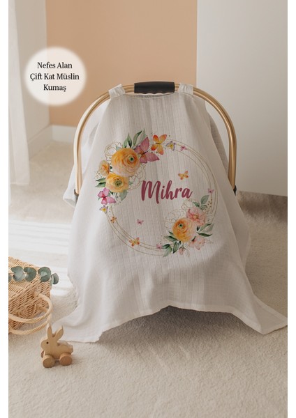 %100 Pamuk Isme Özel Çift Katlı Müslin Puset Örtüsü - Çiçekli Çember
