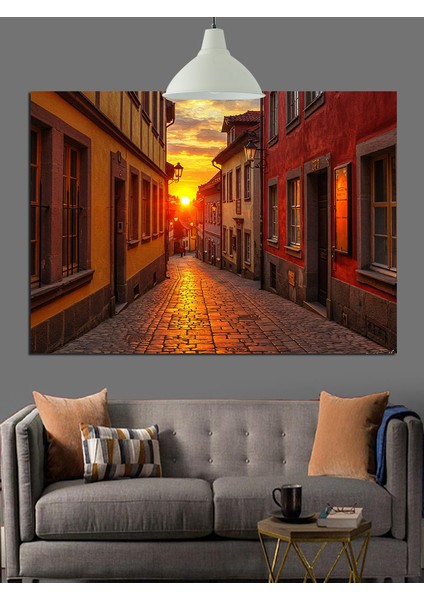 Sıcak Işıklı Uzun Koridor Bina Dekoratif Kanvas - Mdf Ahşap Tablo fiyatları