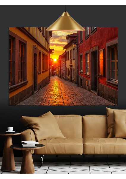 Sıcak Işıklı Uzun Koridor Bina Dekoratif Kanvas - Mdf Ahşap Tablo indirimleri