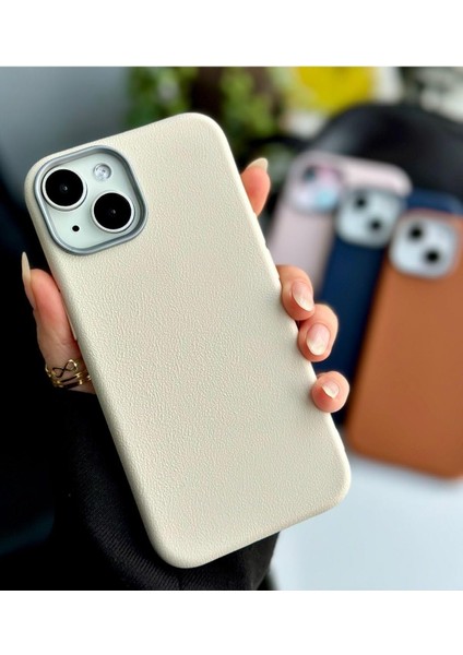 Go Aksesuar 13-14 - 15 Uyumlu Estetik Dokulu Deri Görünümlü Esnek Silikon Kılıf - Krem