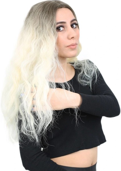 Kabarık Dalgalı Uzun Fiber Sentetik Peruk - Küllü Açık Kahve / Platin Ombreli fiyatları