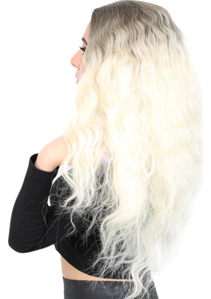 Kabarık Dalgalı Uzun Fiber Sentetik Peruk - Küllü Açık Kahve / Platin Ombreli modelleri