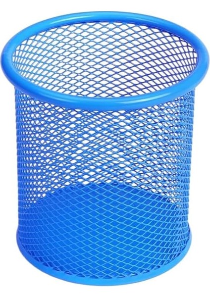Silindir Masa Üstü Kalemlik 1 Adet Metal Fileli Renkli Perforeli Yuvarlak Kalemlik Ofis Büro Okul Mavi