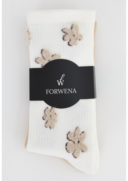 2'li Paket Bej ve Beyaz Tabanı Havlu Çiçek Desenli Dikişsiz Kadın Havlu Pamuklu Soket Çorap