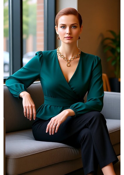 Kadın Moda Şık Üst Giyim Regular Kruvaze Yaka Balon Kol Regular Kalıp Dokuma Bağlama Detaylı Bluz