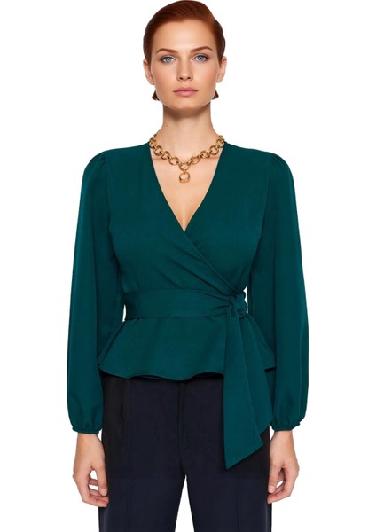 Kadın Moda Şık Üst Giyim Regular Kruvaze Yaka Balon Kol Regular Kalıp Dokuma Bağlama Detaylı Bluz fiyatları