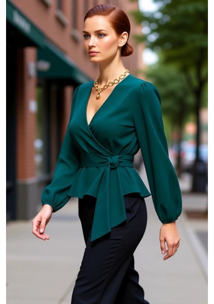 Kadın Moda Şık Üst Giyim Regular Kruvaze Yaka Balon Kol Regular Kalıp Dokuma Bağlama Detaylı Bluz fırsatları