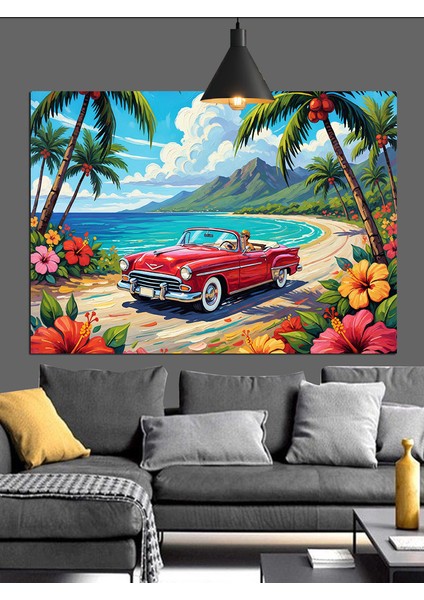 Kırmızı Araba Palmiye Plaj Dekoratif Kanvas - Mdf Ahşap Tablo