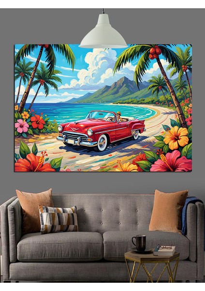 Kırmızı Araba Palmiye Plaj Dekoratif Kanvas - Mdf Ahşap Tablo fiyatları