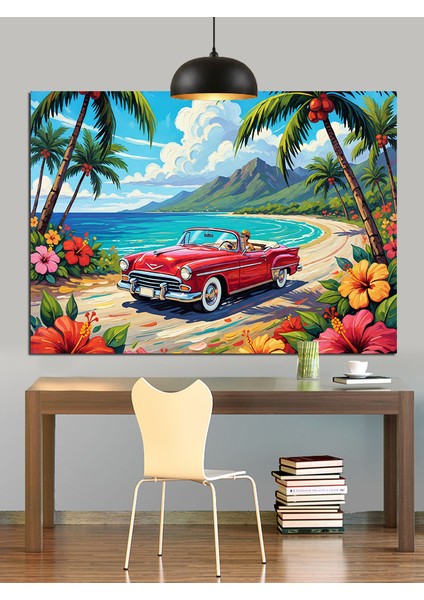Kırmızı Araba Palmiye Plaj Dekoratif Kanvas - Mdf Ahşap Tablo modelleri