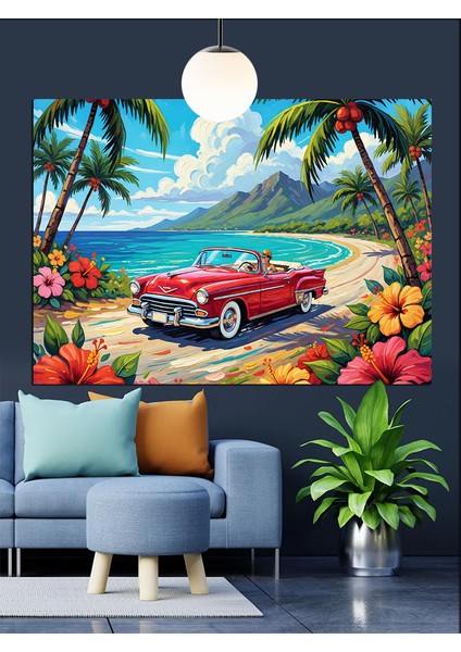 Kırmızı Araba Palmiye Plaj Dekoratif Kanvas - Mdf Ahşap Tablo fırsatları