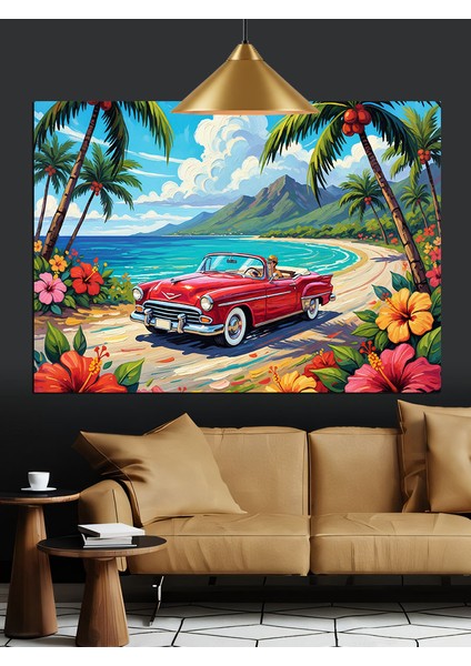 Kırmızı Araba Palmiye Plaj Dekoratif Kanvas - Mdf Ahşap Tablo indirimleri
