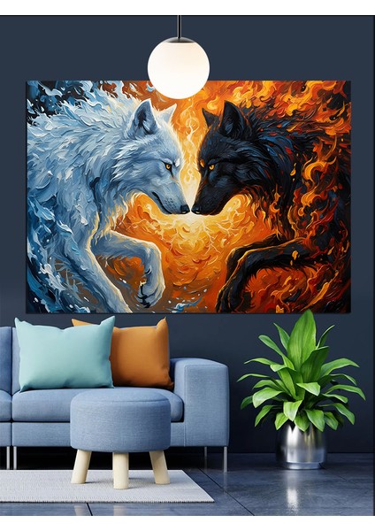 Siyah Beyaz Kurt Dekoratif Kanvas - Mdf Ahşap Tablo