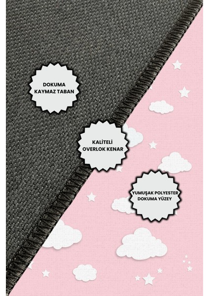 Bulutlu Pembe Renk Kız Çocuk Odası Halısı Dijital Baskılı Dokuma Kaymaz Taban Yıkanabilir Antialerjik indirimleri