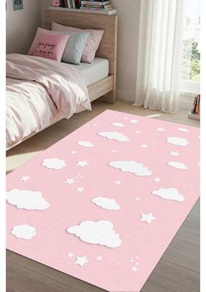 Pembe Renkli Rüya Bulutlu Kız Çocuk Odası Halısı Dijital Baskılı Dokuma Kaymaz Taban Yıkanabilir Antialerjik