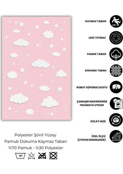 Pembe Renkli Rüya Bulutlu Kız Çocuk Odası Halısı Dijital Baskılı Dokuma Kaymaz Taban Yıkanabilir Antialerjik fırsatları