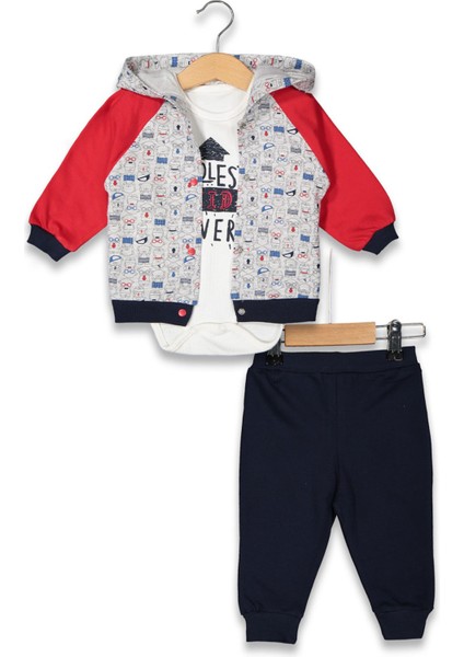 Erkek Bebek Pamuklu Kapüşonlu Ceketli 3-12 Ay 3 Lü Trend Takım - 6131