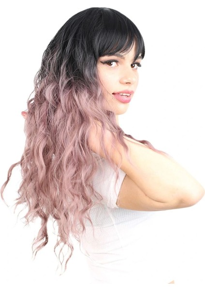 Perçemli Uzun Su Dalgası Fiber Sentetik Peruk- Siyah / Gül Kurusu Ombreli fiyatları