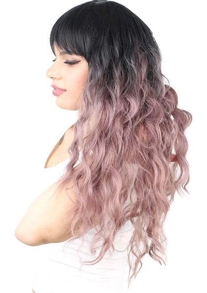 Perçemli Uzun Su Dalgası Fiber Sentetik Peruk- Siyah / Gül Kurusu Ombreli modelleri