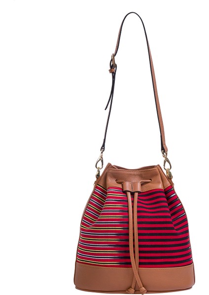 Kuz - Taba Deri ve Ince Çizgi Desenli Sırt, Omuz ve El Çantası