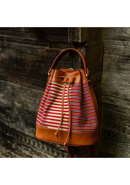 Kuz - Taba Deri ve Ince Çizgi Desenli Sırt, Omuz ve El Çantası