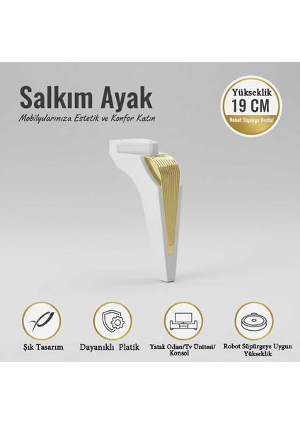 Lüks Salkım Ayak 19 cm Beyaz-Altın Mobilya Kanepe Konsol Yatak Odası Tv Ünitesi Koltuk Genç ve Çocuk Odası Dolap Ayağı