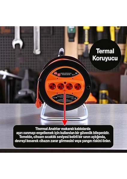 Uzatma Kablosu 3x2.5 mm 20 Metre Plastik Seyyar Makara 4 Prizli Monofaze Termal Sigortalı modelleri