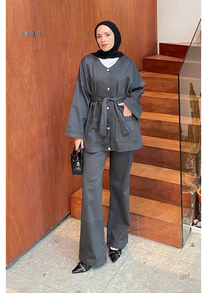 Kuşaklı Gabardin Takım Antrasit