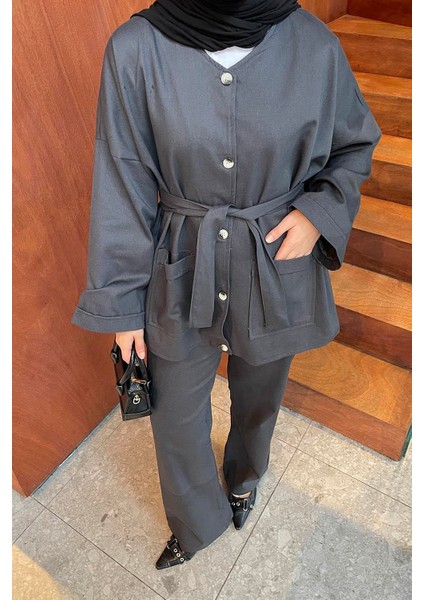 Kuşaklı Gabardin Takım Antrasit modelleri