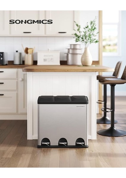 54 Litre Pedallı Mutfak Çöp Kovası, 3 Bölmeli, Iç Kovalar, Atık Ayırma Için 6 Etiket, Atık Ayırma Sistemi, Gümüş-Siyah LTB54L fiyatları