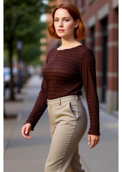 Kadın Vücuda Oturan Dokulu Esnek Örme Uzun Kollu Kaliteli Şık Rahat Modern Zarif Günlük