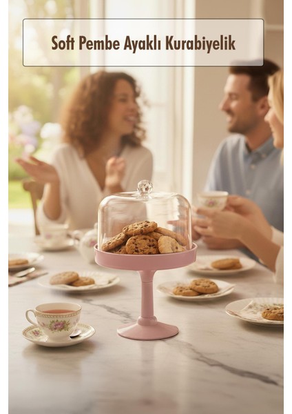 Soft Pembe Akrilik Ayaklı Kurabiyelik & Kapaklı Sunum Standı - 2 Parça