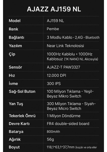 AJ159 Nl Near-Link 3 Modlu 1000hz 12.000 Dpı 400 Mah Batarya Paw 3311-YENI Nesil Bağlantı Modu