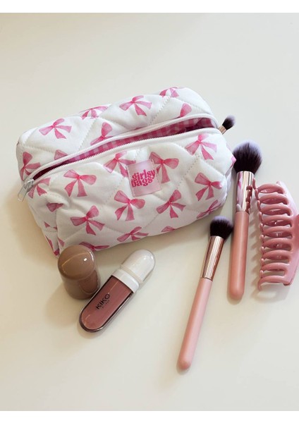 Pembe Kurdeleli Oval Makyaj Çantası Büyük Boy Desenli 26x12 cm Seyahat İçin