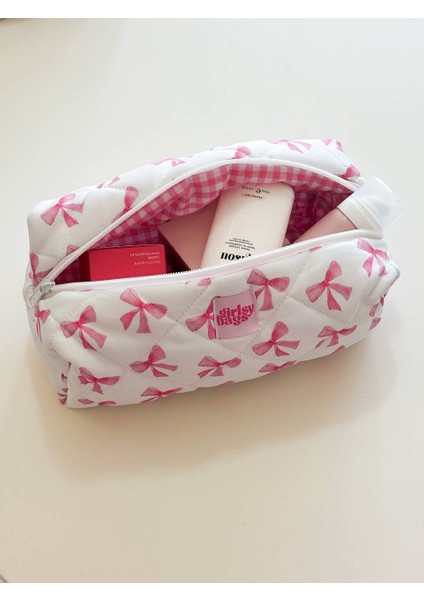 Pembe Kurdeleli Oval Makyaj Çantası Büyük Boy Desenli 26x12 cm Seyahat İçin modelleri