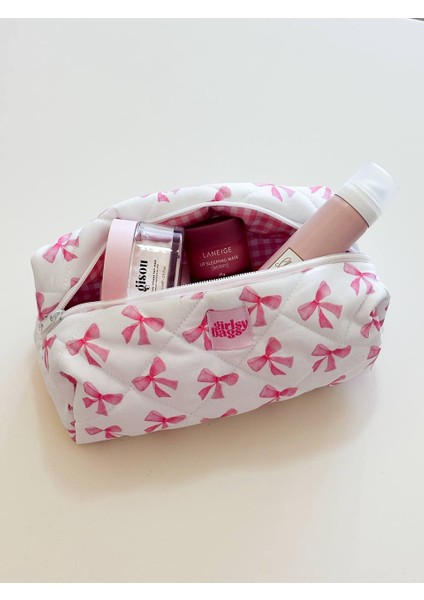 Pembe Kurdeleli Oval Makyaj Çantası Büyük Boy Desenli 26x12 cm Seyahat İçin indirimleri