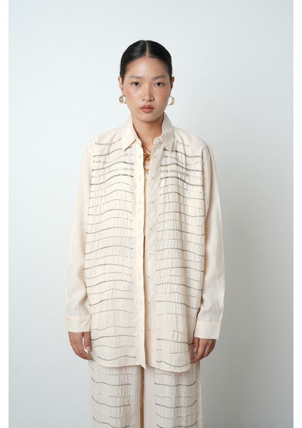 Kadın Yatay Şerit Taş Işlemeli Düz Renk Oversize Gömlek