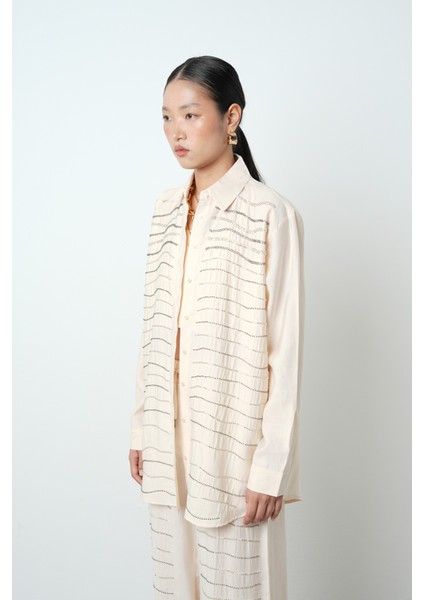 Kadın Yatay Şerit Taş Işlemeli Düz Renk Oversize Gömlek modelleri