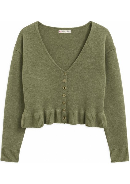 6954 Kadın Fırfır Detaylı V Yaka Triko Kazak Haki