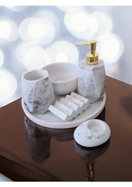 6'lı Mermer Desenli Beton Banyo Seti Sıvı Sabunluk Diş Fırçalığı Aksesuar Takımı